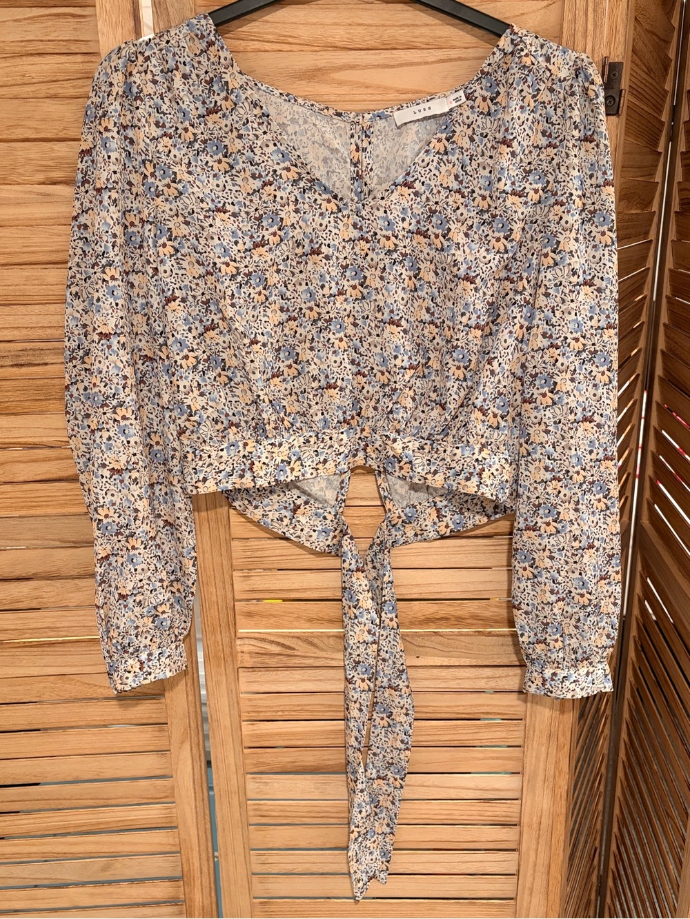 Lush Blue Beige Floral Crop Top with button and tie back detailing